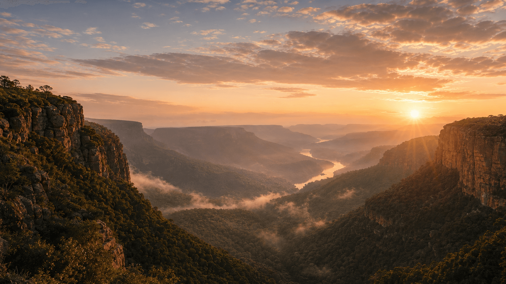 A dawn canyon landscape holding the quiet trust layer of the sanctuary.